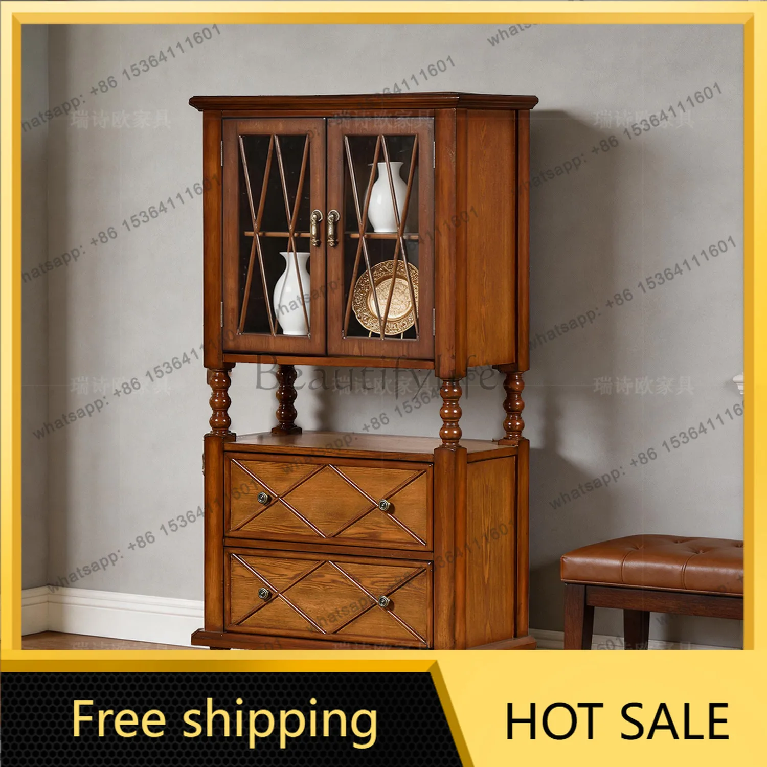 Factory Direct American Country Solid Wood Cabinet, Living Room Double Open Glass Door Side Cabinet
