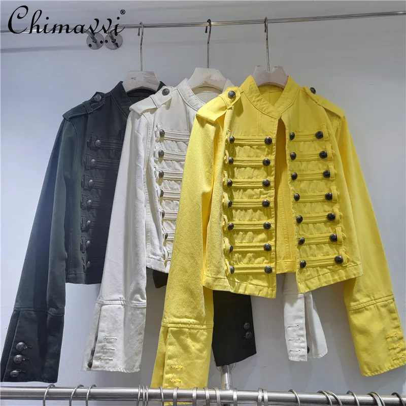 

Retro Heavy Stand-up Collar Metal Buckle Denim Short Outwear Women's 2026 New Fashion Yellow Slim Long Sleeves Jacket Tops