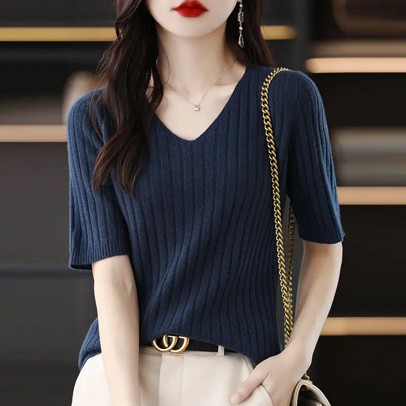 Off-season Short-sleeved Knitted Base Shirt Women V-neck Pullover Clothes Simple Versatile Sweater Mid-sleeved Top T-shirt