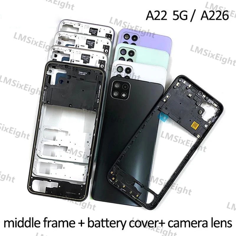 For Samsung Galaxy A22 4g 5g A225 A226 Phone Housing Case Middle Frame Cover+Battery Back Cover Rear Door Lid+Camera Lens Parts