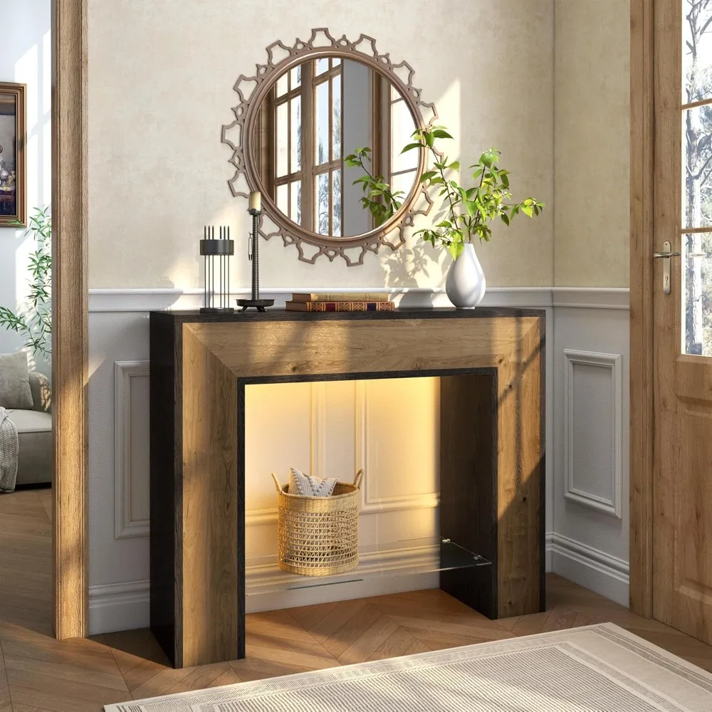 41 Inch Entryway Console Table with LED Light, 2-Tier Farmhouse Narrow Sofa Table Behind Couch with Glass Open Shelf, Rustic Woo