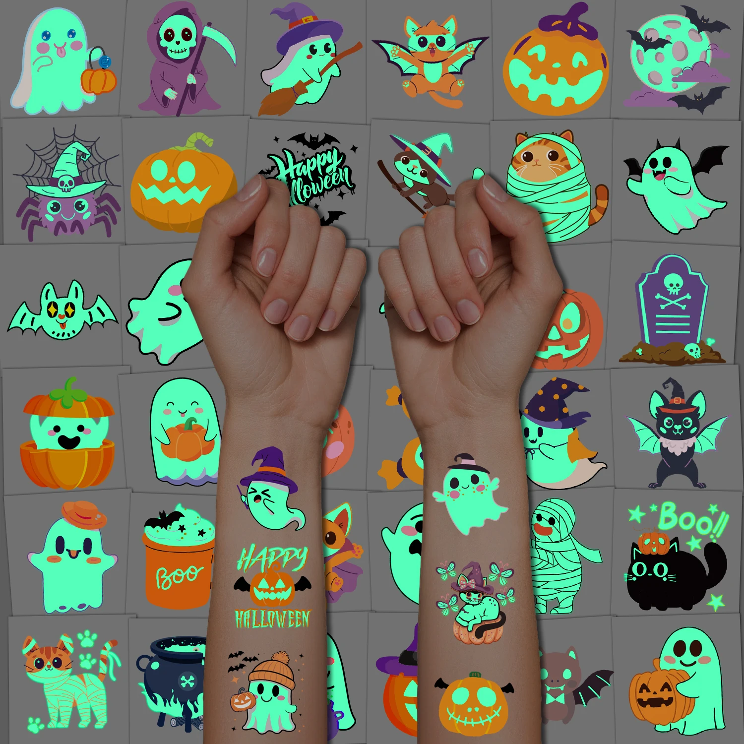 Glow-in-the-Dark Halloween Temporary Tattoos, with a variety of patterns, are suitable as party decorations and gifts，10 sheets