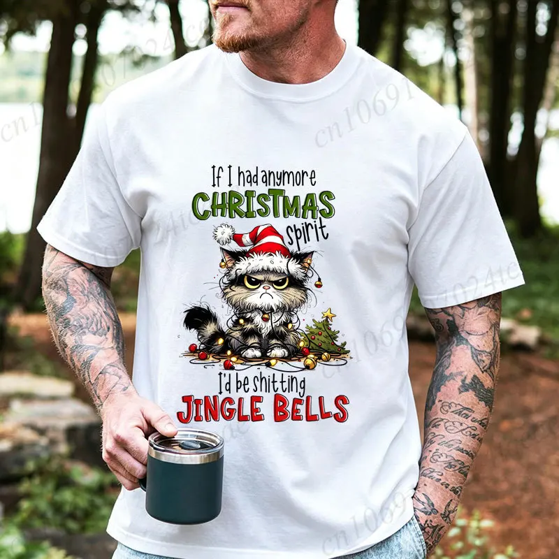 Funny Christmas Cat T‑Shirt for Men If I Had Anymore Christmas Spirit Slogan Graphic Tee Xmas Lights Cat Print Holiday T‑Shirts