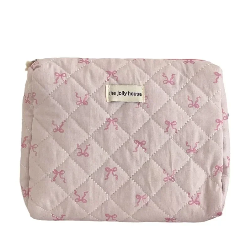 2024 Pink Bowknot Quilting Women Cosmetic Bag Portable Zipper Makeup Travel Organizer Female Handbag Toiletry Pouch For Girls