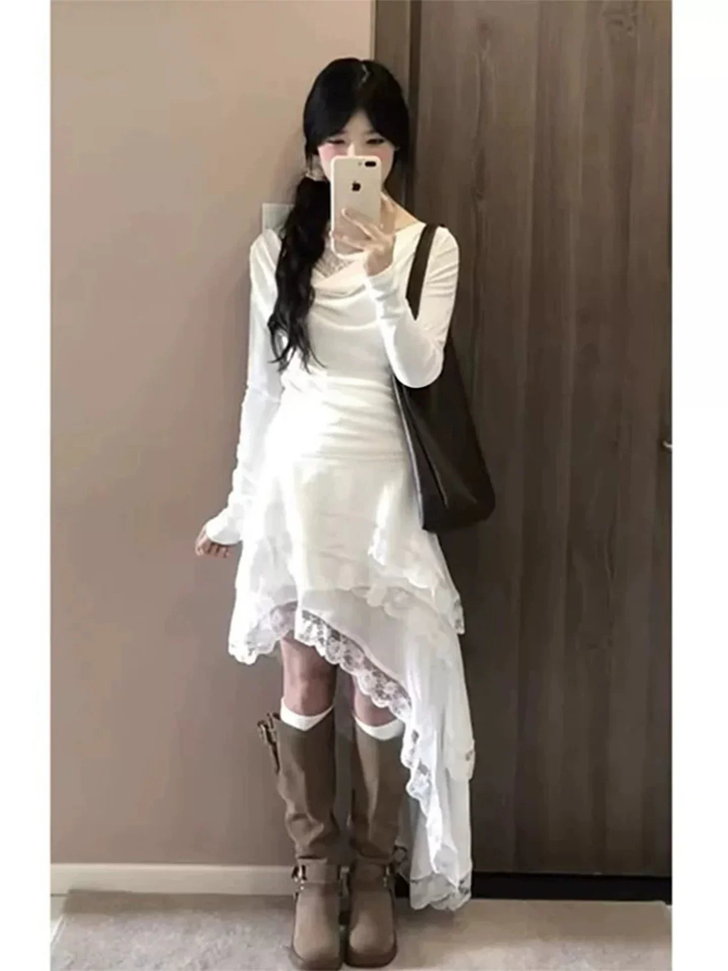 Romantic White Asymmetrical Lace Trim Midi Skirt Women's Early Autumn Design Sense Irregular Half-length Skirts