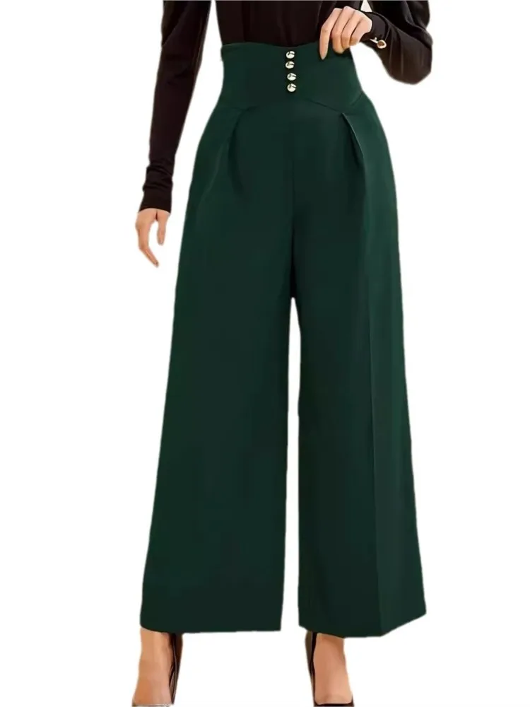 Plus Size High Waist Spring Summer Long Wide Leg Pant Women Casual Loose Pleated Fashion Ladies Trousers New Green Woman Pants