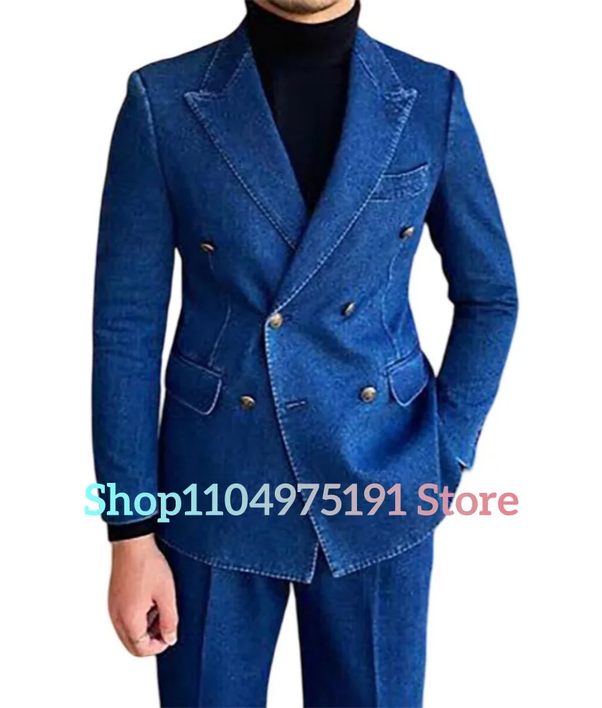 عالية الجودة مزدوجة الصدر الأعمال عادية الراقية الأزرق الدنيم الرجال دعوى قطعتين مجموعة (السترة + السراويل) الرجال المرحلة زي #3
