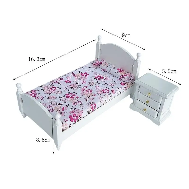 1:12 Dollhouse Miniatures Wooden Single Bed Nightstand Set Model Doll House Bedroom Scene Decor Ornaments Pretend Play Toys DIY