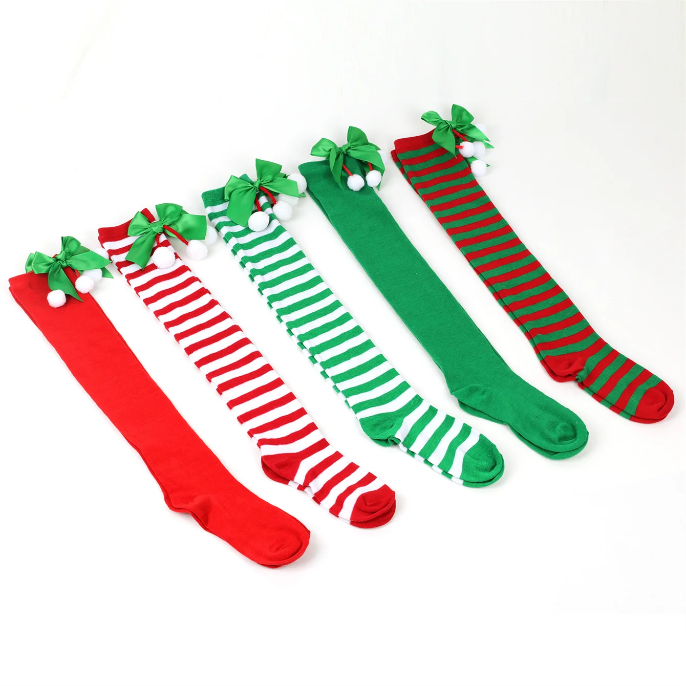 1 pair of girls,  teenagers, bow  Christmas socks, ball socks, knee high socks,  long stockings, Christmas striped stockings
