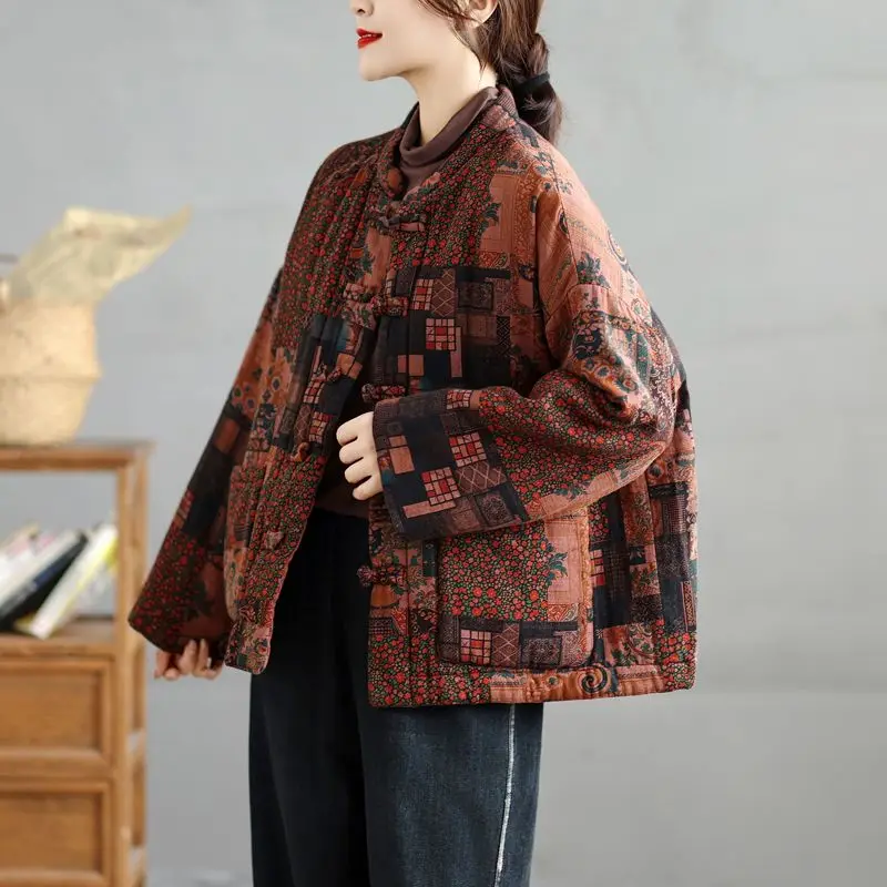 

Толстое хлопковое льняное пальто в китайском стиле с принтом, женское зимнее новое винтажное теплое короткое женское пальто с воротником-стойкой