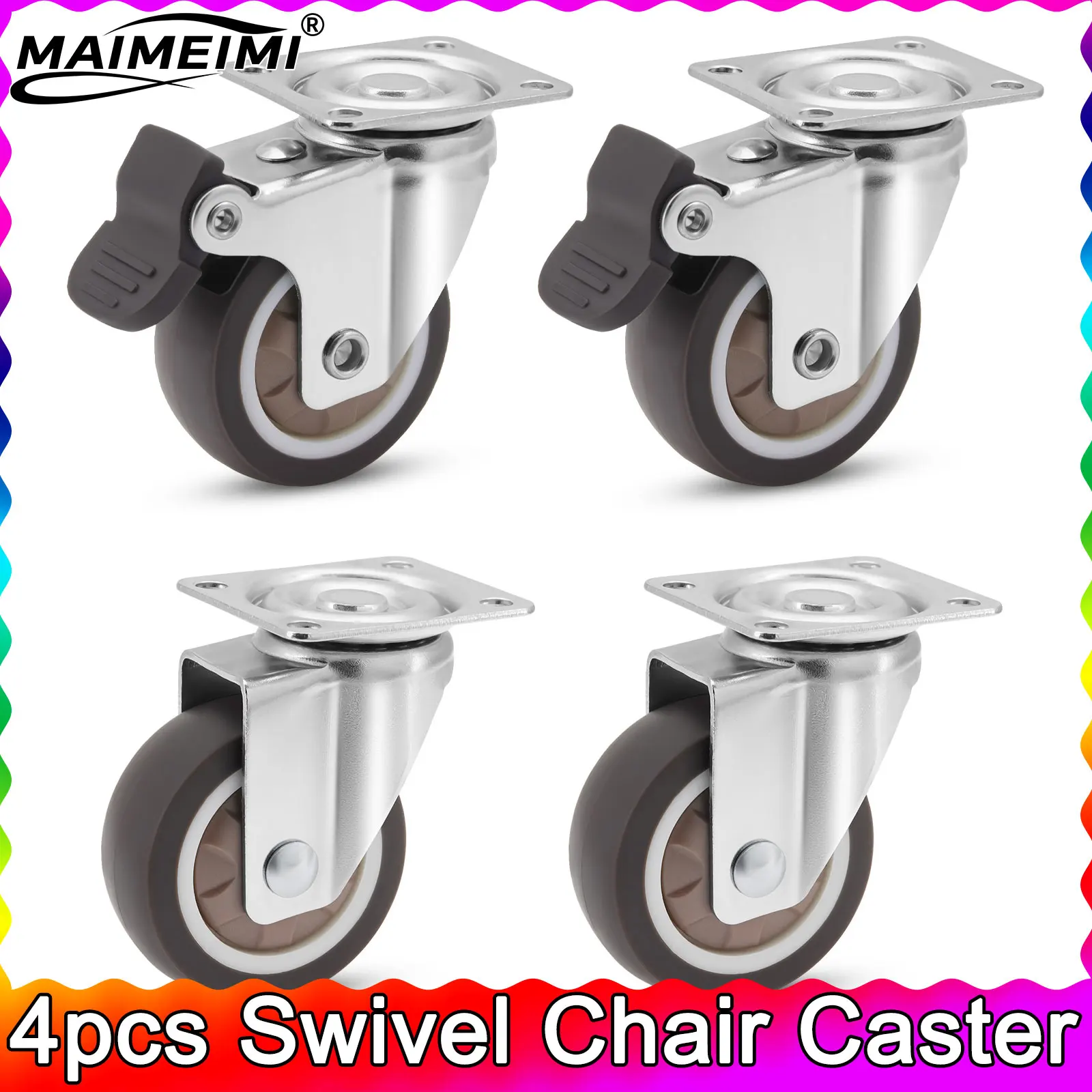 

4 шт. роликовые колеса с тормозом, 2-дюймовые маленькие колеса для мебели, офисного стула, бесшумный ролик, сверхмощный поворотный механизм, легко перемещаемый
