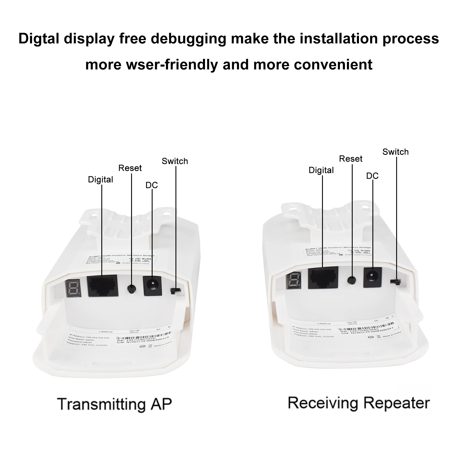 KuWFi 300Mbps Outdoor CPE Bridge 2.4Ghz Wireless WiFi Bridge One-click Pairing Point to Point Up to 1KM 24V POE for IP Camera