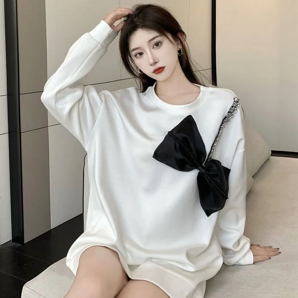 Fashion Diamond O-neck Women Sweatshirts Casual Loose Heavy Industry 4XL Long Sleeve Big Bow Sweatshirt Oversize Female Tops Y2k