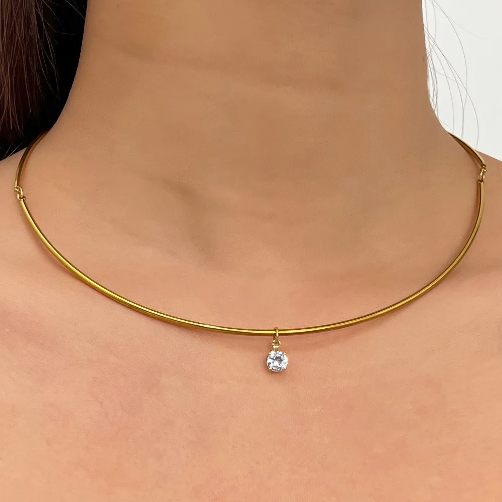Minimalist Stainless Steel Gold Color Metal Choker Necklace Tiny Solitaire Zircon Pendant Adjustable Collar for Women Jewelry