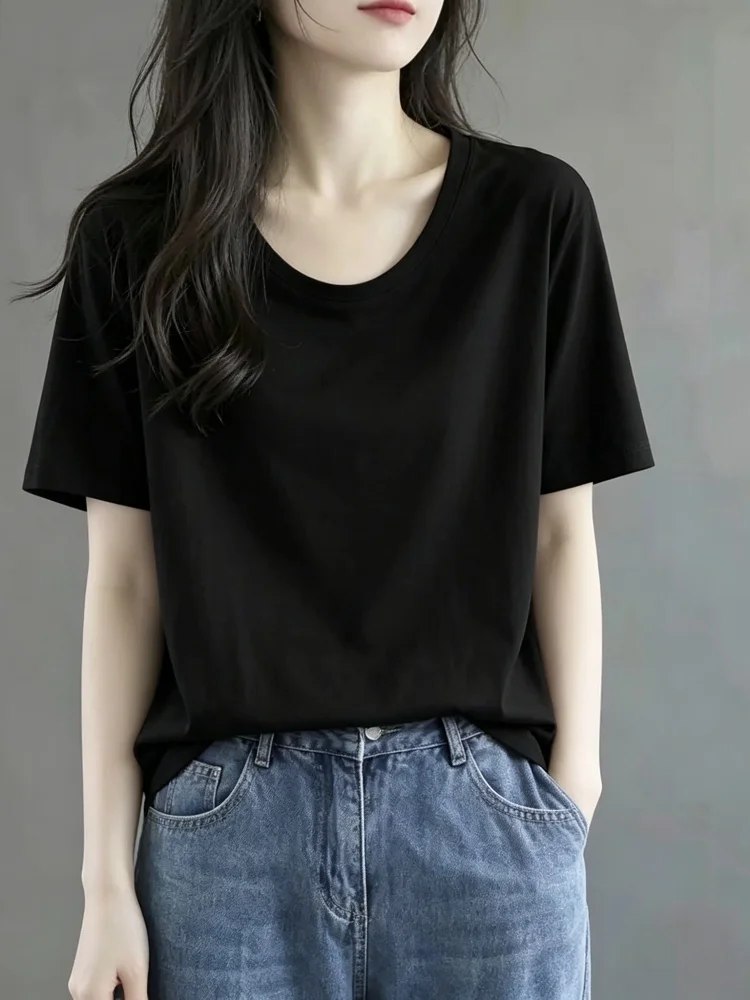 Loose Casual V-Neck Short Sleeve T-Shirt Women's Summer New Style European Version Black Shoulder High Waist Versatile Top