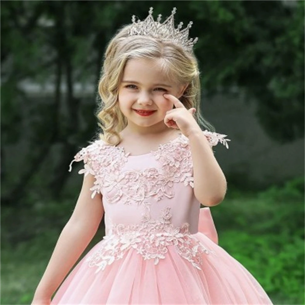 First Communion Dresses Lovely Sleeveless Fluffy Tulle Lace Decal Flower Girl Dress Princess Ball Kids Surprise Birthday Present