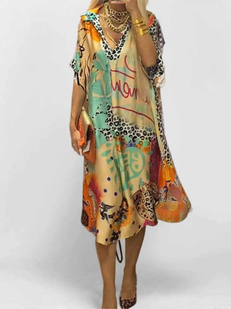 Fashion Boho Print Dress Lady Casual V Neck Short Sleeve Pullover Loose Dresses For Women Summer Holiday Vintage Womens Clothing