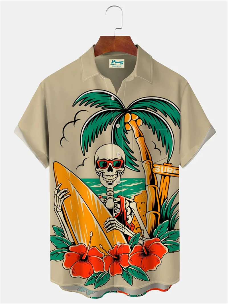 Skeleton Man Pattern 3D Mens Short Sleeve Shirts Coconut Tree Print Hawaiian Button Shirt Design Casual Men's Lapel Blouse Top