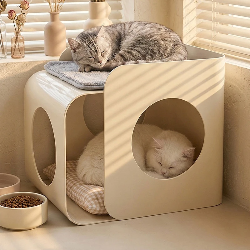 Casa nido escondida de lujo para gatos con mesa de centro