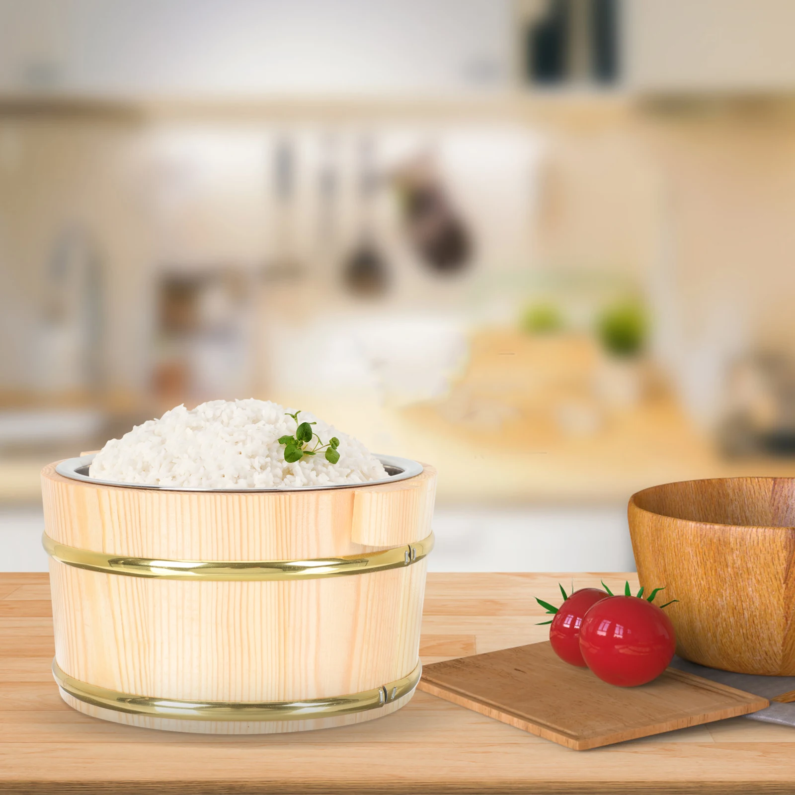 

Wooden Rice Bucket Khaki Food Storage Container Accessory Compact Design For Families Parties Restaurants