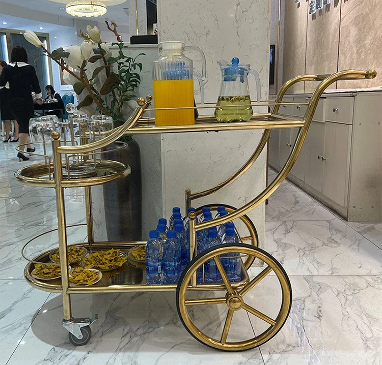 Hotel Trolley Wedding Dim Sum Birthday Trolley Drinks Cake Wine Cart Gold Stainless Steel Food Delivery Serving Cart