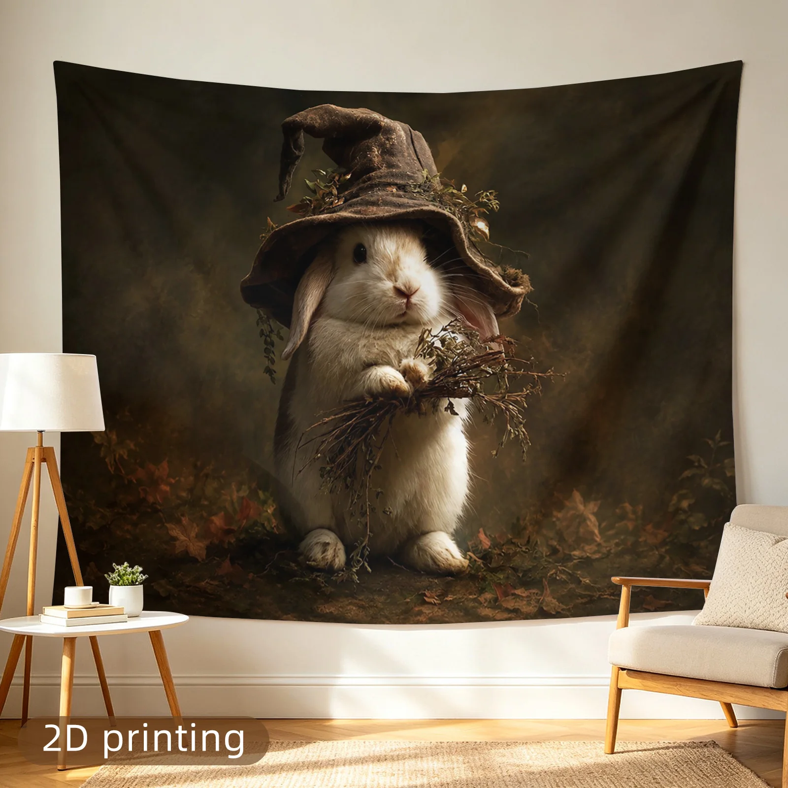 2D Flat,1pc Printed Tapestry, Rabbit with Wizard Hat, Vintage Wall Decor, for Living Room,Bedroom,Dorm,Party,Holiday, Ideal Gift