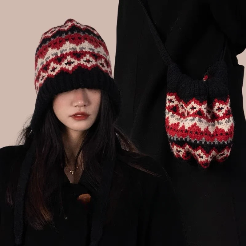 Retro Plaid Strap Knitted Woolen Beanies Caps for Women Autumn and Winter Travel Keep Warm Outdoor Casual Versatile Korean Hats