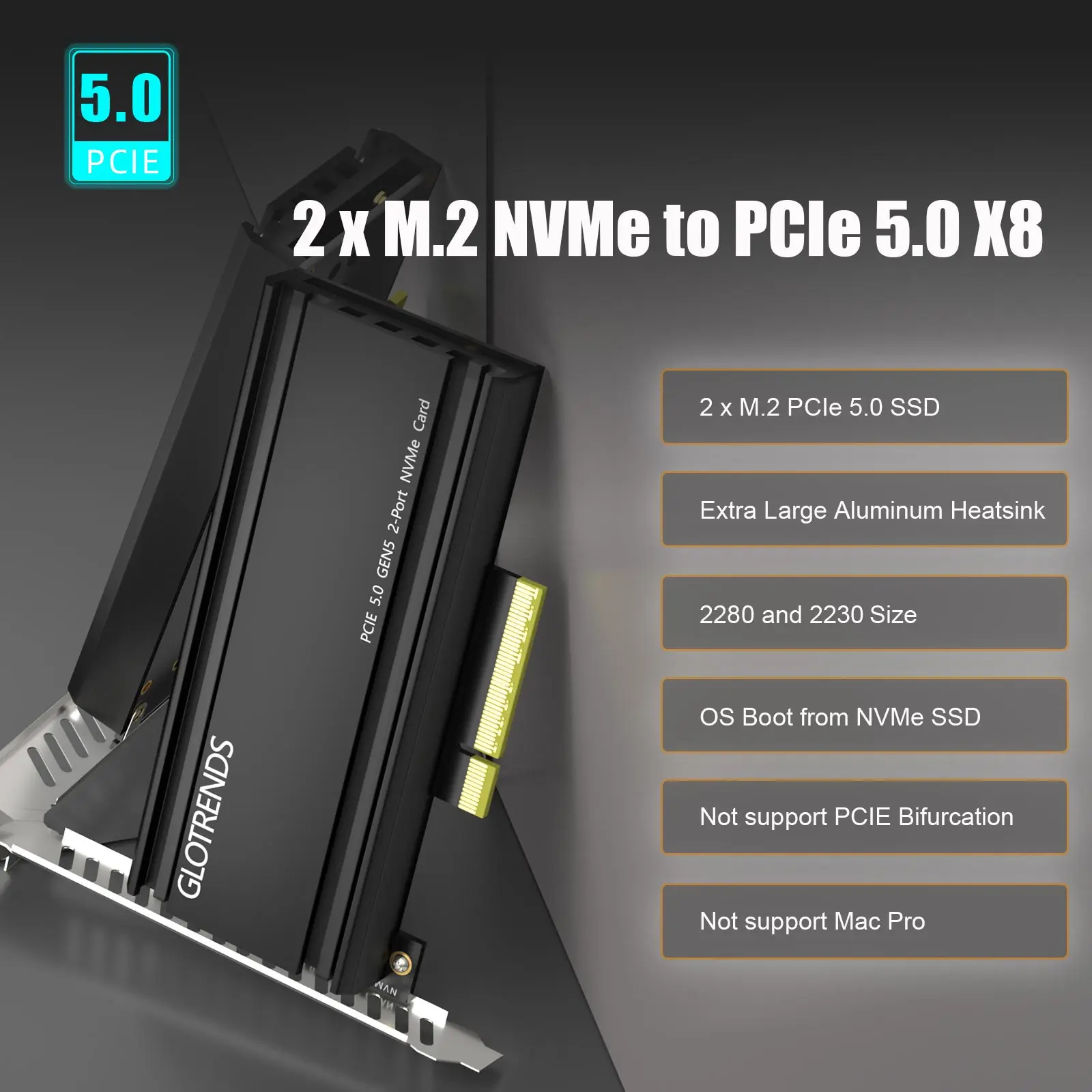 Адаптер GLOTRENDS PA52 Dual M.2 NVMe — PCIe 5.0 X8, до 256 Гбит/с для функции RAID платформы AMD и Intel