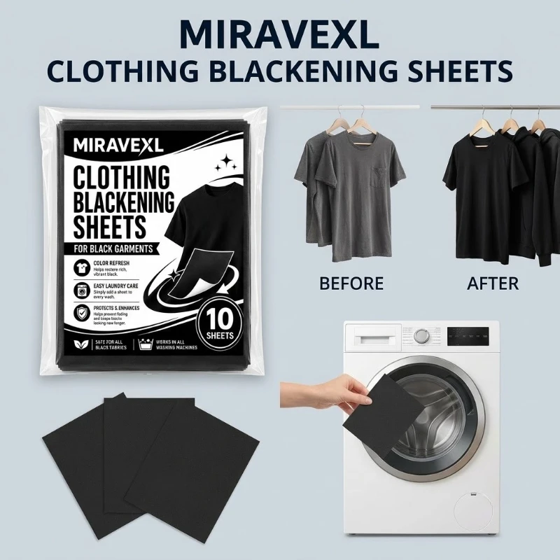 Black Garment Revitalizing Sheets 10 Pack, Anti-Fade Laundry Paper Restore Shirts Jeans, Safe for Cotton Linen Wool Washers