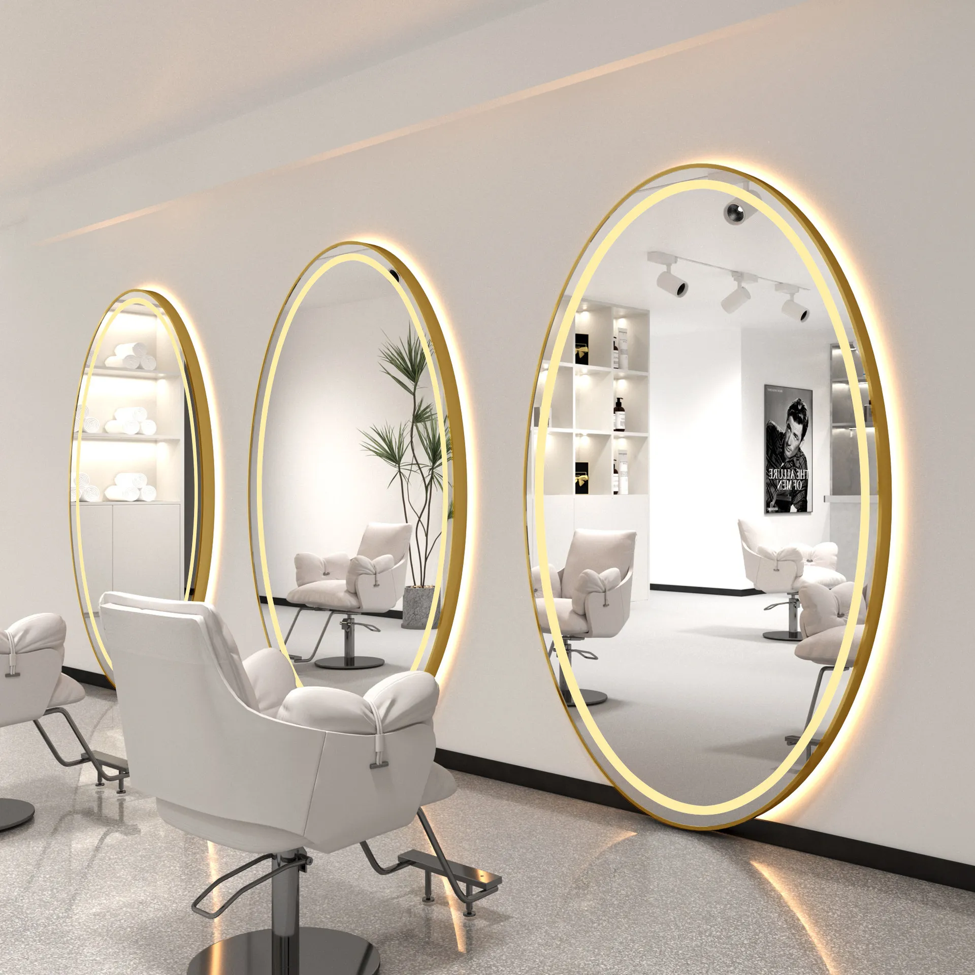 

Cross-border salon barber shop mirror with lamp wall-mounted floor-to-ceiling large round mirror perm and dyeing area hair salon