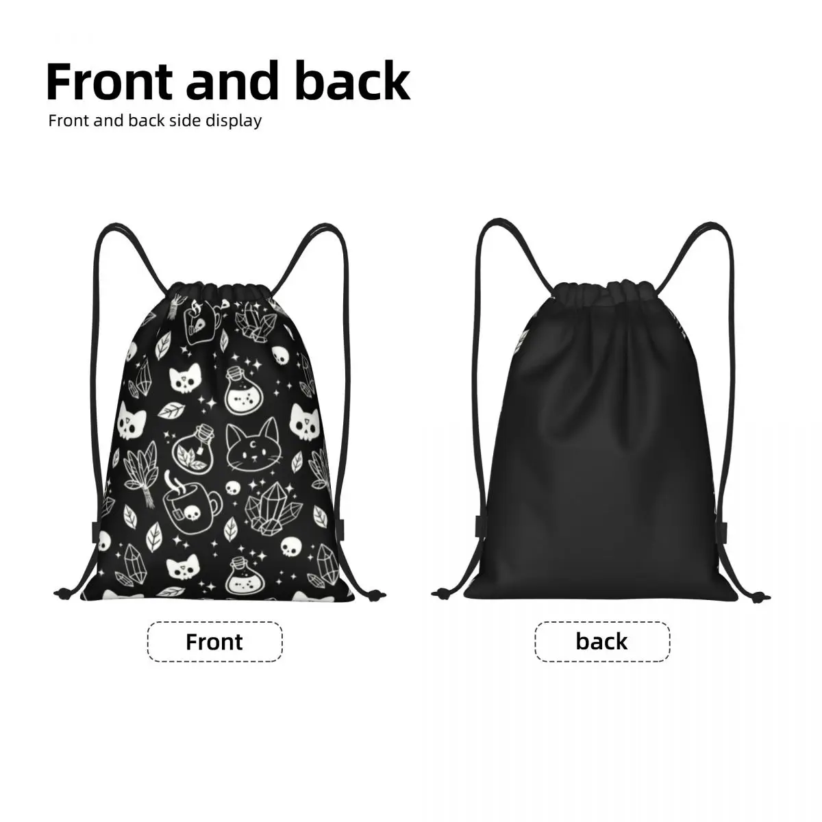 Mochila con cordón de bruja para hombre y mujer, bolsa deportiva portátil para gimnasio, almacenamiento de entrenamiento con calavera de gato para Halloween