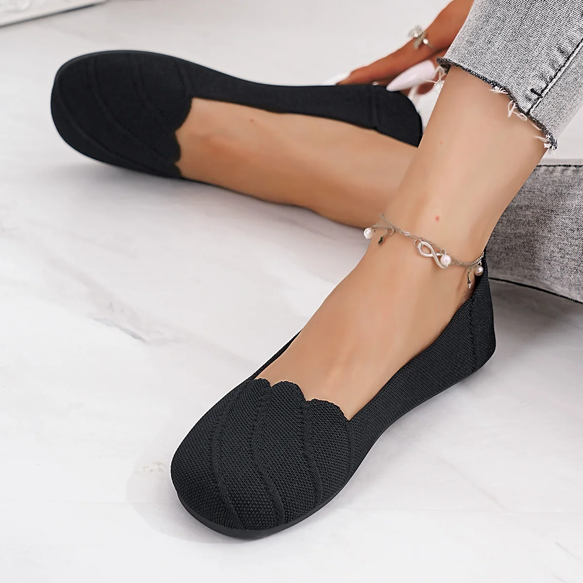Lässige, flache, gestrickte, ausgehöhlte Arbeitsschuhe für Damen, einfarbig, runde Zehenpartie, atmungsaktive Slip-On-Schuhe, bequeme Sommerschuhe – Detail 12