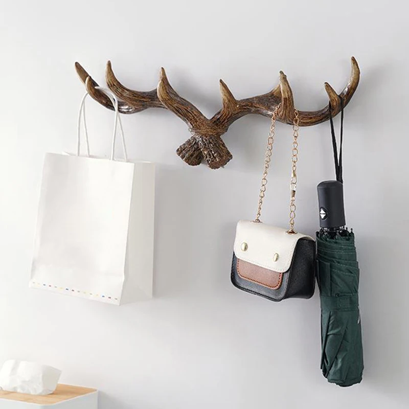 Nordic Vintage Deer Horn Hook Resin Wall Mounted Keys Caps Coat Hanger Hooks Storage Rack Home Decorative Antler Statue Hooks