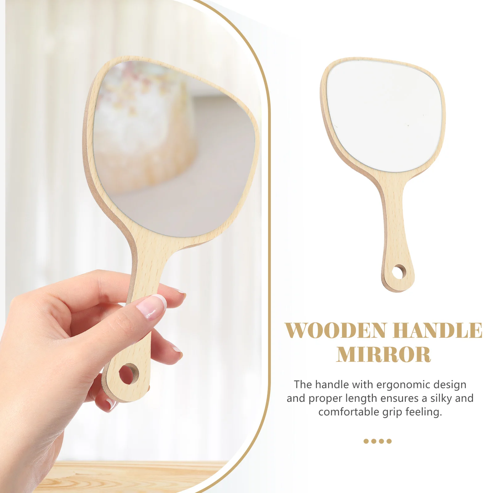 

Wooden Handheld Mirror Ergonomic Silky Grip Compact Size Travel Makeup Vanity Dressing Table Child Friendly Bathroom