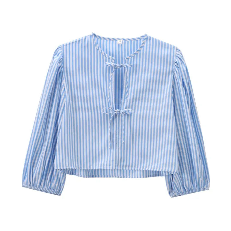 

Women's Striped Shirt with Bow Tie Spring Summer O Neck Three-Quarter Sleeve Women Short Shirts & Blouses Female Chic Tops