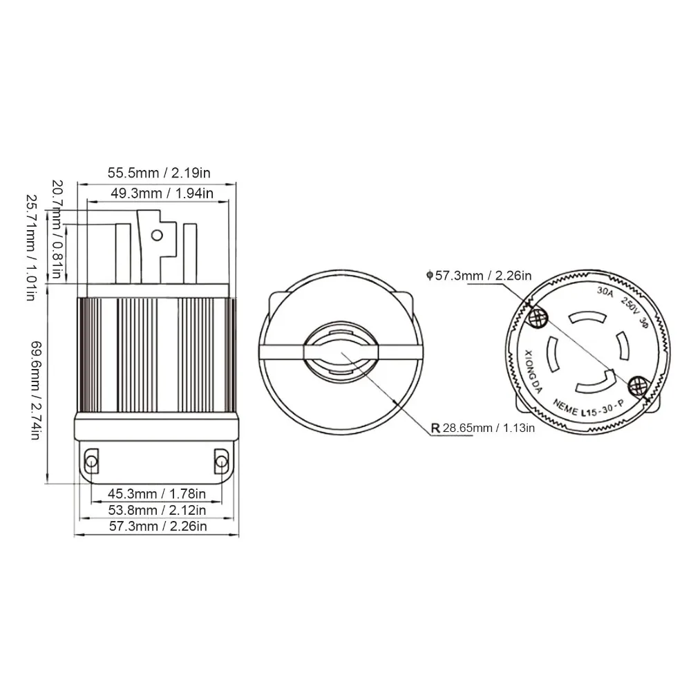 30A 250V NEMA L15-30P プラグ ツイストロック式 米国規格 ロックプラグ 3極 - 4線 工業用グレード 発電機コネクタ 発電機