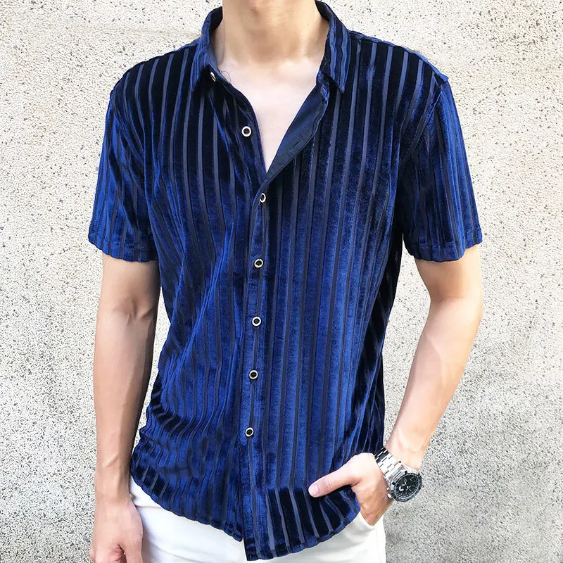 Men Sexy Velvet Shirt Men Short Sleeve Clothing High Quality Shirt Trendy Transparent Blue Stripe Shirt See Through Social Club