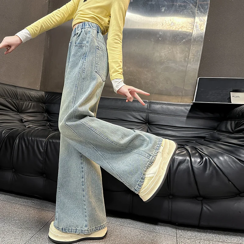 Simple Style Jeans Trousers For Teens Child Kids High Waisted Washed Jeans Classic Trendy Street Straight Denim Pants for Girls
