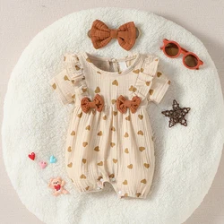 Baby Newborn-9M Short Sleeve Summer 2024 Girl's Print HEART With Bow Jumpsuit Streetwear+Headband