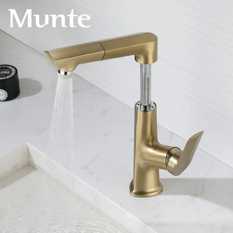 Brushed gold pull-out rotating adjustable bathroom balcony laundry basin hot and cold faucet single hole dual-mode water outlet