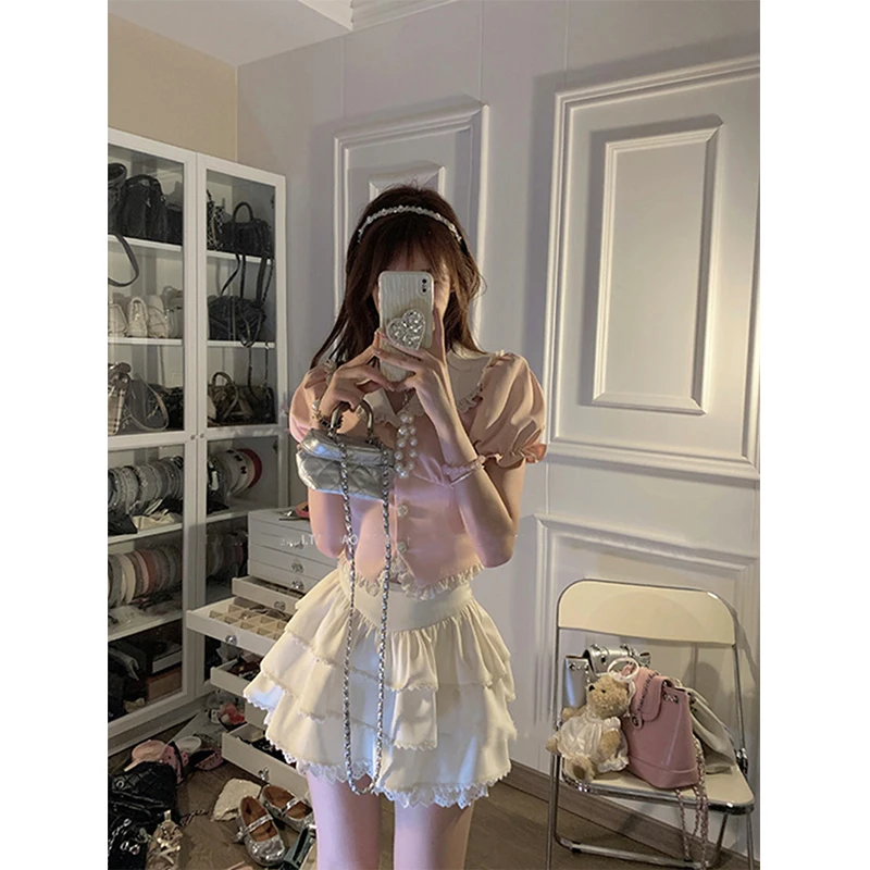 MEXZT Kawaii Cropped เสื้อสีชมพูผู้หญิงญี่ปุ่นน่ารักลูกไม้ Patchwork เสื้อฤดูร้อน Y2K พัฟแขนสั้น Slim Design Tops ใหม่