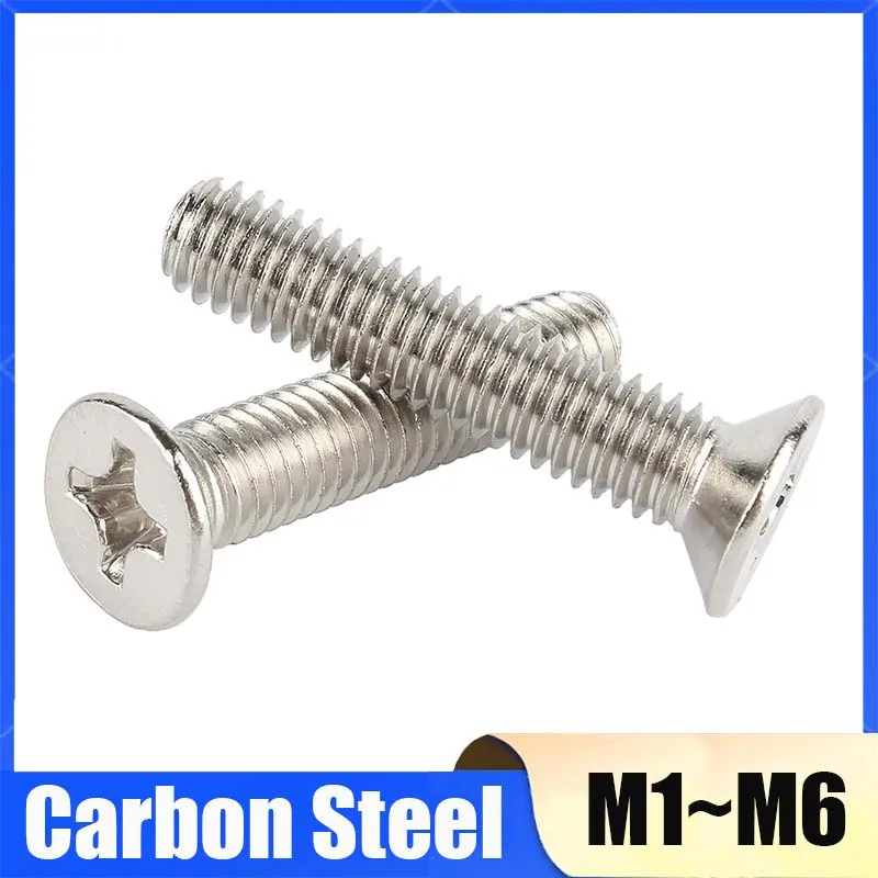 10-500Pcs M1 M1.2 M1.4 M1.6 M1.7 M2 M2.5 M3 M3.5 M4 M5 M6 Nickel-Plated Cross Recessed Phillips Flat Countersunk Head Screw Bolt