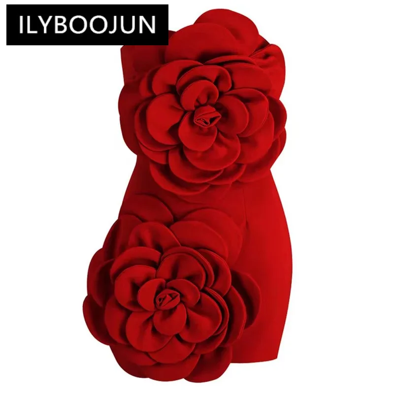 

ILYBOOJUN Solid Patchwork Appliques Slimming Mini Dresses For Women Strapless Sleeveless High Waist Bodycon Dress Female 2023