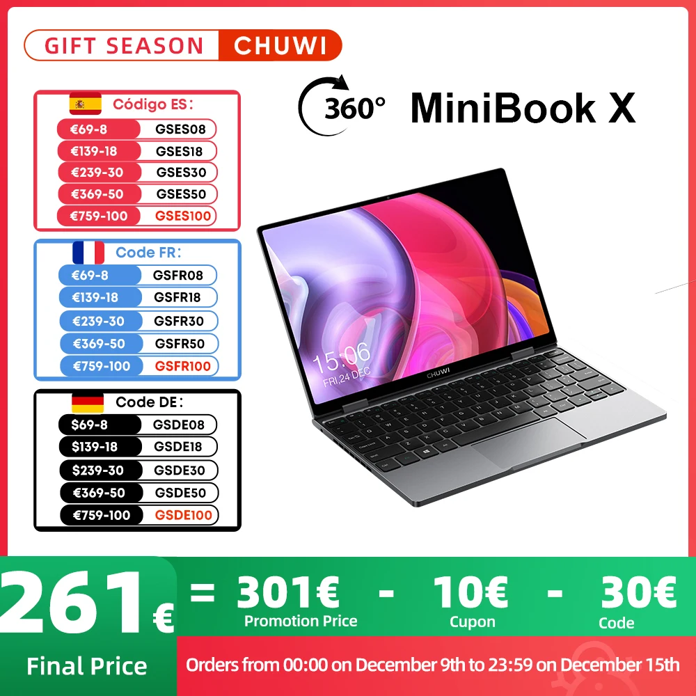 CHUWI-MiniBook X Laptop, 2-em-1, Modo Yoga, Intel N100, N5100, 10, 51 Polegada, 12GB, 512GB, SSD, Windows 11 Notebook