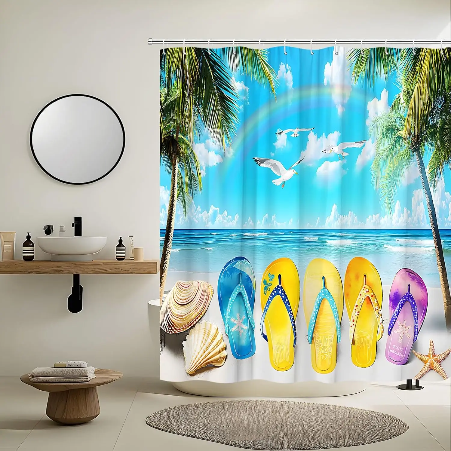 

Пляжные шлепанцы, занавеска для душа, летние тропические Гавайи, океан, прибрежная пальма, Радужная ракушка, морская звезда, чайка, море, натуральный