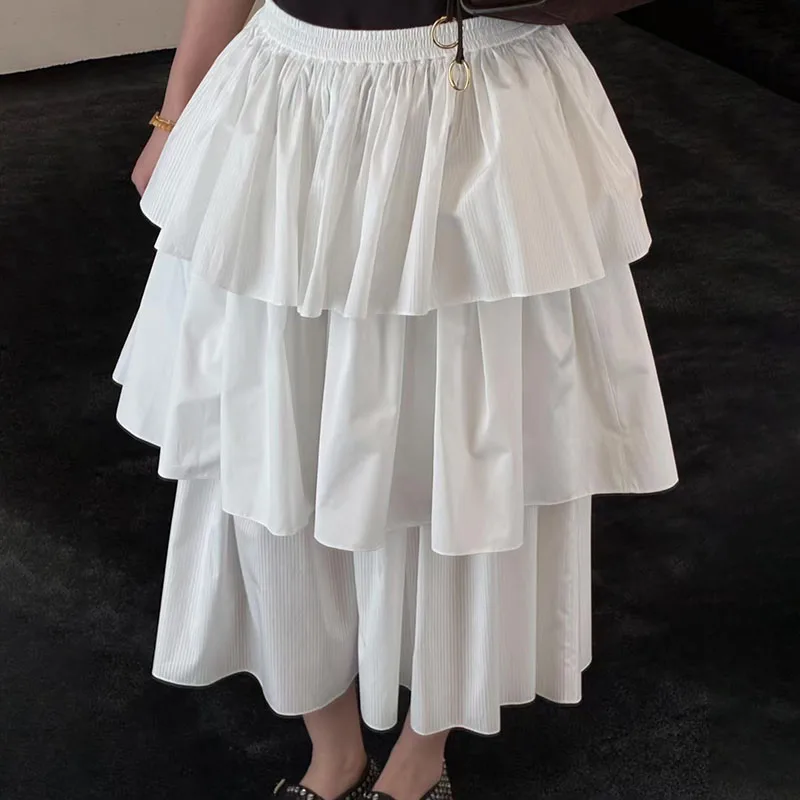 Women's Casual Versatile Ruffle Cascading Midi Skirt, White Cake Skirt, High Quality Cotton Commuter Skirt, 2026, New, y2k;