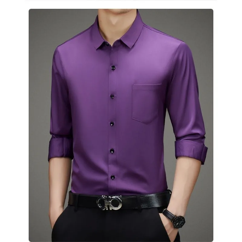 100% Moerbei Zijde Shirt Heren Hoge Kwaliteit Lange Mouw Zak High-End Business Casual Elastische Anti-Rimpel Niet-Ijzer Heren Shirts