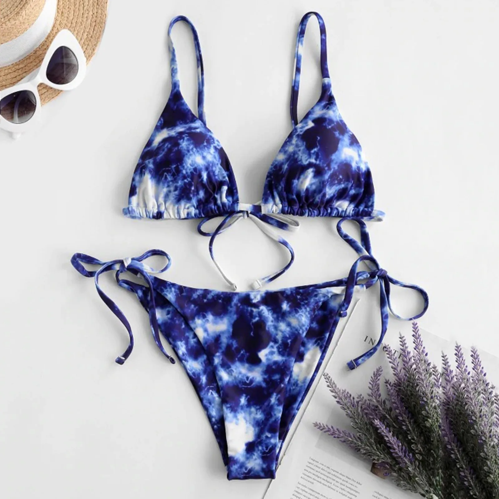 Bañador estampado de encaje para mujer, traje de baño de dos piezas de alta calidad, conjunto de Tie-Dye Sexy, corte de pierna, Tankinis, conjunto de Bikini