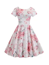 Women Short Sleeve Floral Print Vintage Summer Elegant Office Party Casual A-Line Midi Dress Vestidos Robe