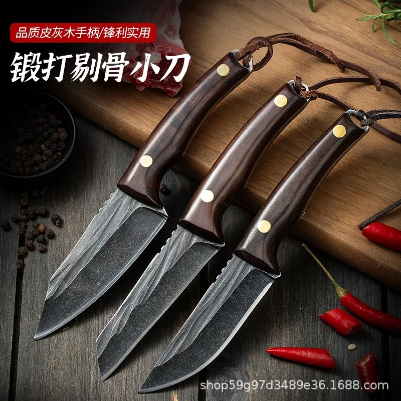 Forged bone picking knife, sharp wooden handle, straight knife, handle, meat knife, barbecue meat, lamb, outdoor knife